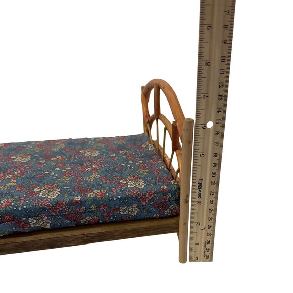 Handmade Miniature Bed With Blue Floral Mattress & Wooden Frame 10.5" x 6.5" x 9 - Picture 4 of 6